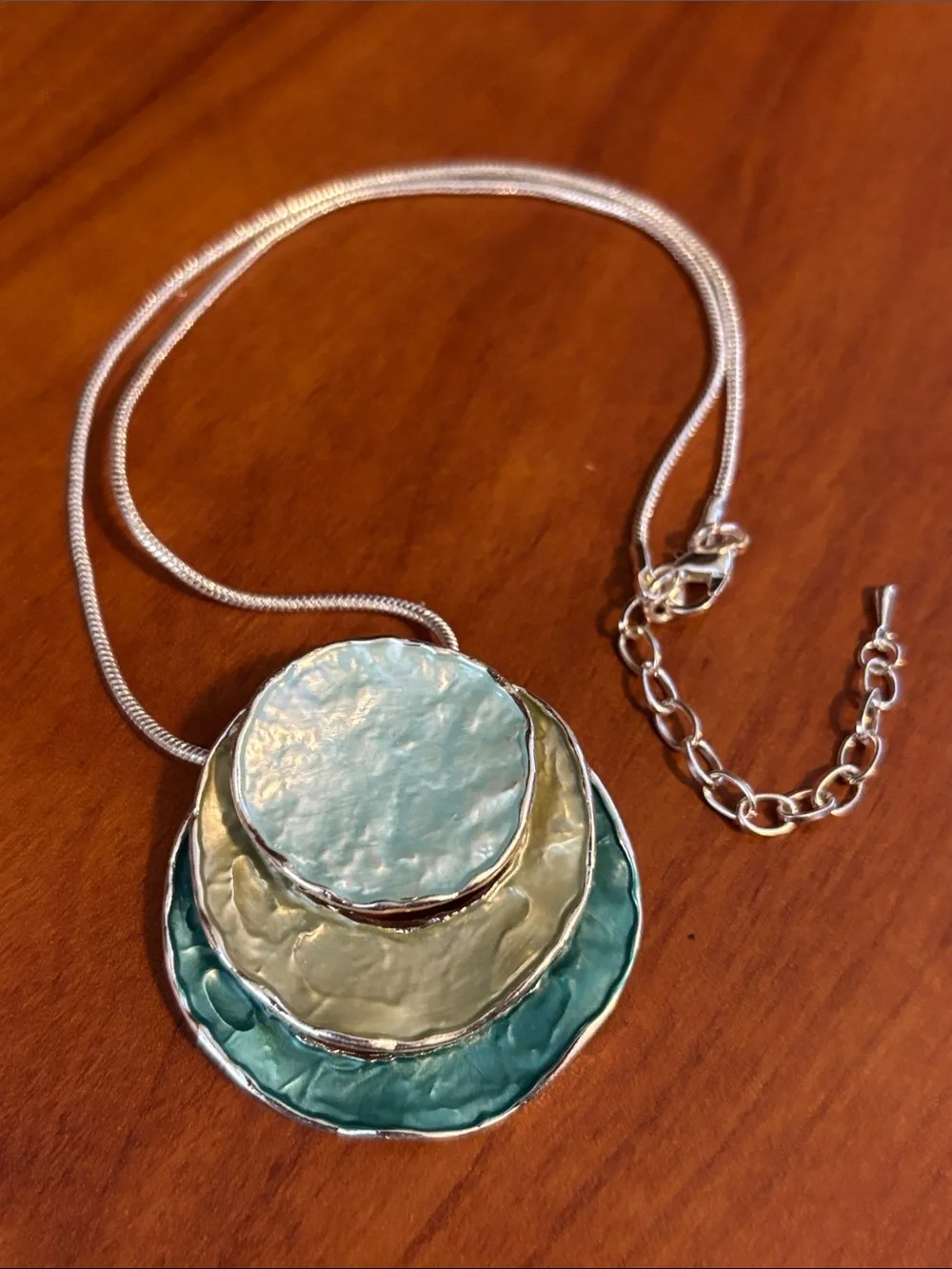 Silver Necklace with Layered Aqua and Teal Discs